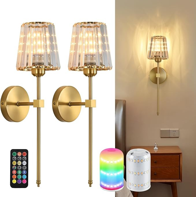 Battery Operated Crystal Wall Sconces Set of 2, Gold Wireless Wall Sconce with USB Rechargeable L... | Amazon (US)