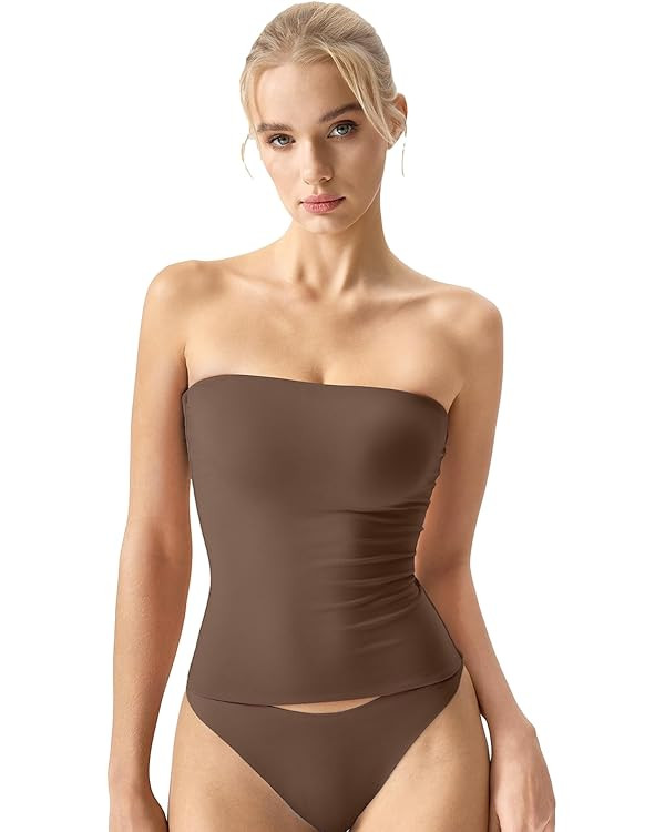QINSEN Women's Tube Top Double Lined Strapless Bandeau Top Summer Slim Fit Going Out Tank Tops | Amazon (US)