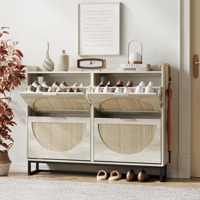 Large Rattan Shoe Storage Cabinet with Flip Drawers & Metal Legs, Beige | Target