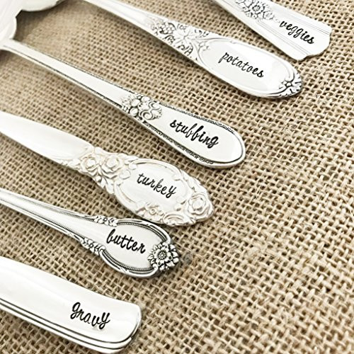 6 piece thanksgiving serving set of hand stamped utensils, in mismatch, script handles | Amazon (US)