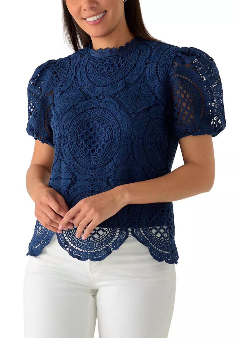 Women's Puff Sleeve Scallop Hem Crochet Top | Belk