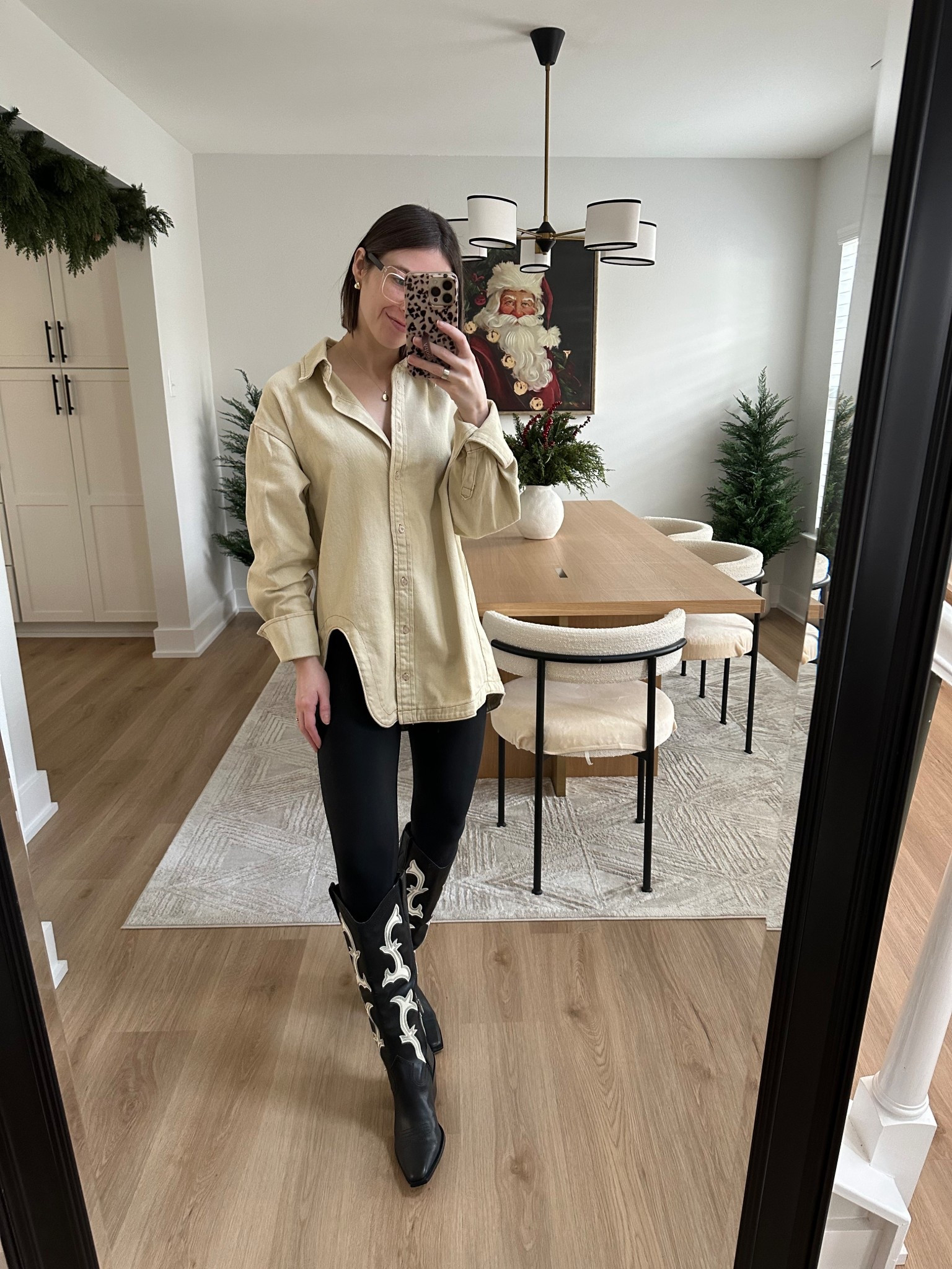 Shopbop Lioness Off Duty ecru denim shirt with cutout size xs tts - comes in multiple colors. This color is currently on major sale!

Spanx faux leather leggings size small tts but I prefer the petite length for less bunching on the ankles. I’m 5’3”

Dolce Vita Samare black and white cowboy boots 

Denim shirt, denim top, structureed denim top, dark denim, dark wash denim, cowboy boots, western boots, black cowboy boots

#LTKSaleAlert #LTKFindsUnder100 #LTKootd