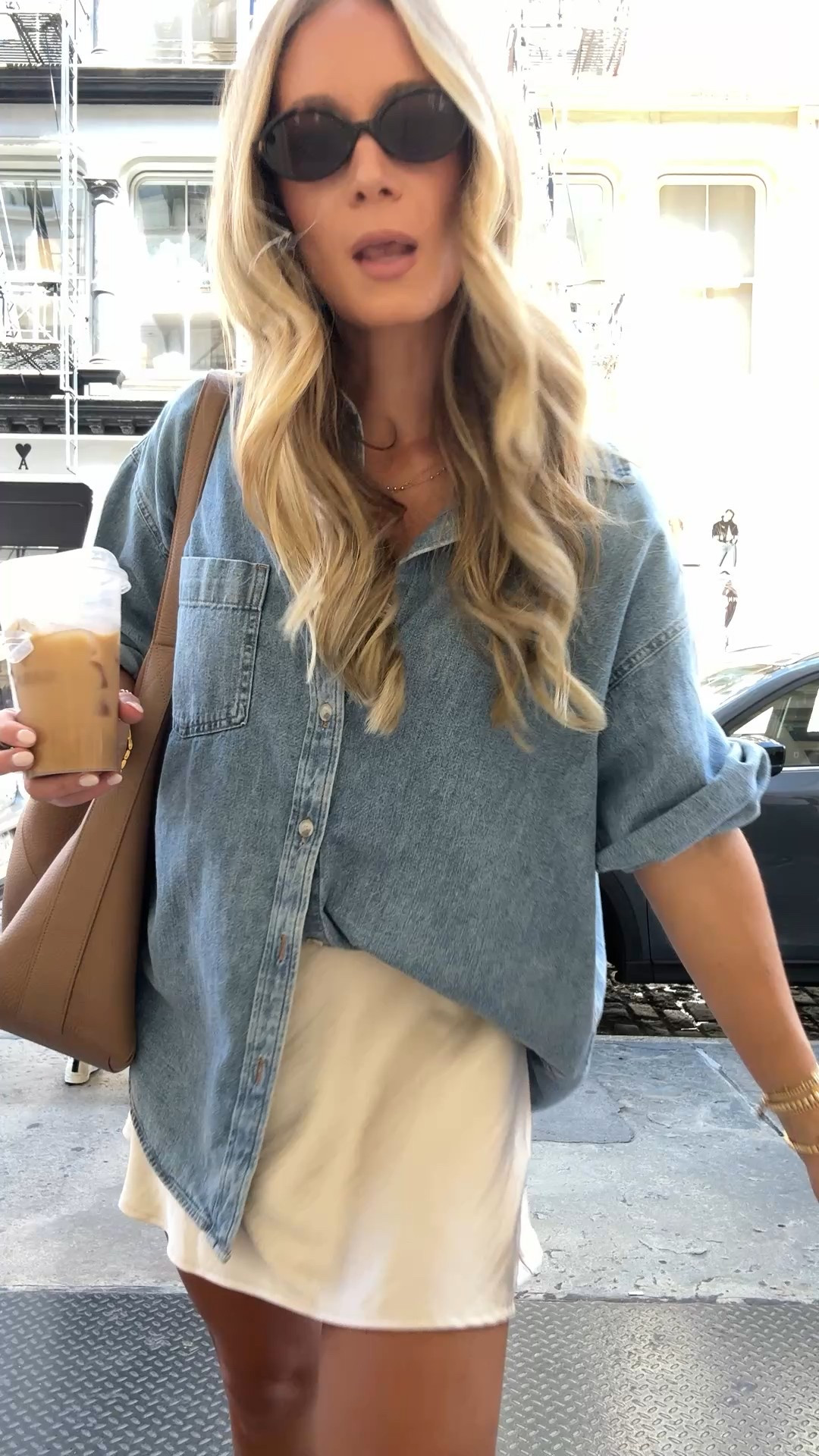 Perfect fall transitional look- wearing Aritzia oversized top with a cute satin mini skirt & suede flats! 

medium in top, XS in skirt 