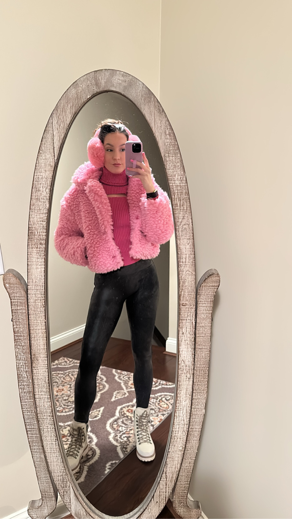 Valentine’s 
Girl baby shower 
Pink outfit 

BLANK NYC coat TTS
Amazon earmuffs 
Elan turtleneck sweater is OOS
Spanx fleece lined leggings (size M for me)
Blondo boots 

#LTKSeasonal #LTKShoeCrush