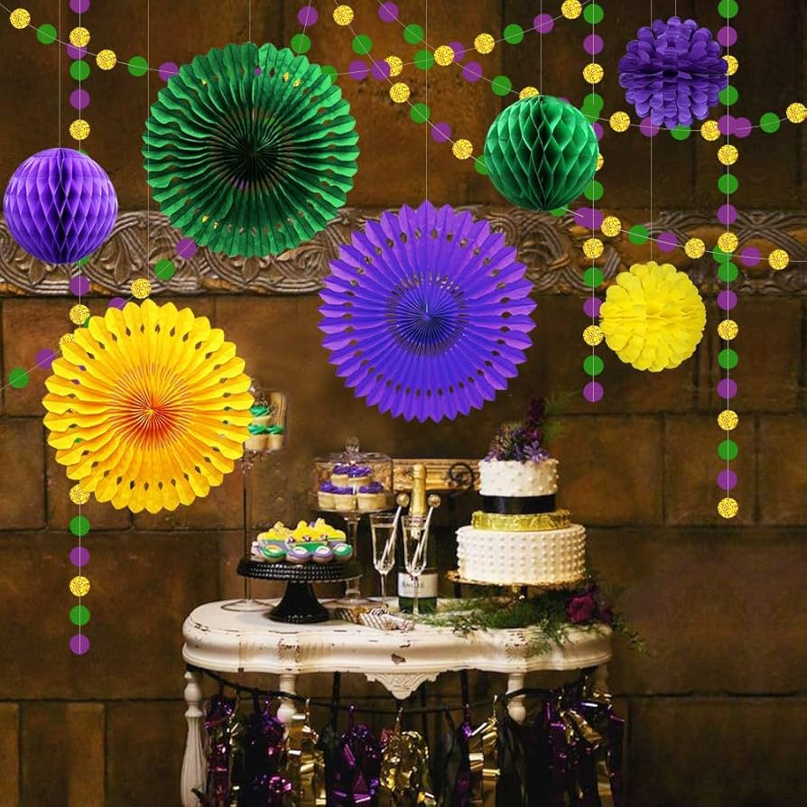 Decor365 Gold Purple Green Mardi Gras Party Decorations Glitter Circle Garlands Banner Paper Fan ... | Amazon (US)