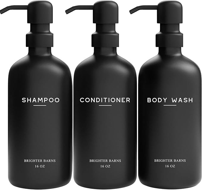 Black Shampoo and Conditioner Dispenser Set by Brighter Barns - Refillable Plastic Shower Soap Di... | Amazon (US)