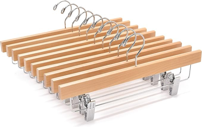 Amber Home Natural Wooden Pants Hangers 10 Pack, Solid Wood Skirt Hanger Bottom Hanger Clips Hang... | Amazon (US)