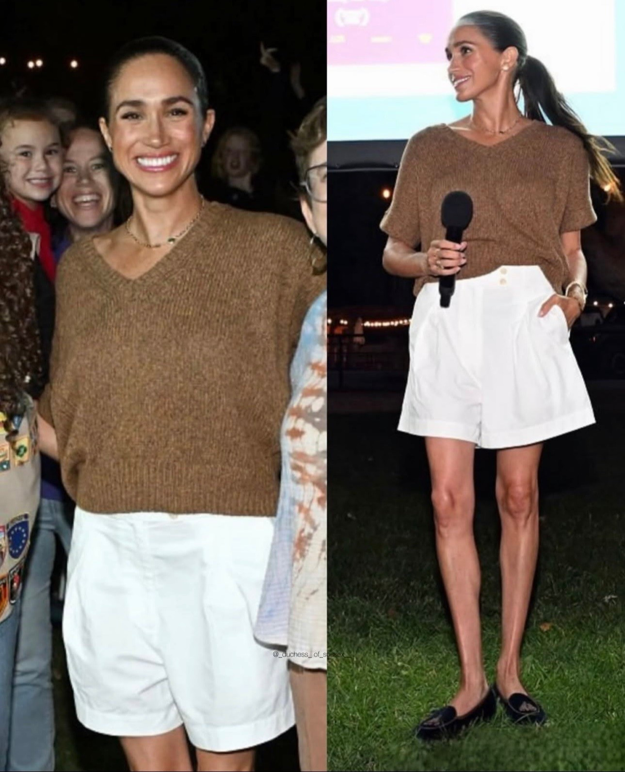 Meghan Markle's short sleeve knit V-neck top, white shorts velvet loafers ￼