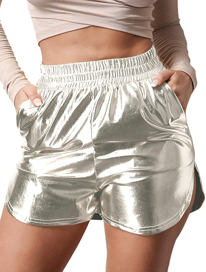 Haola Women's Shiny Metallic Shorts Summer Yoga High Waist Hot Dance Shorts | Amazon (US)
