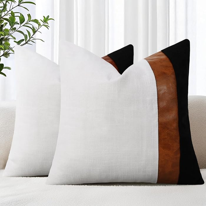 Set of 2 Decorative Throw Pillow Covers 18x18 Inch Black and White Linen Pillowcase with Faux Lea... | Amazon (US)