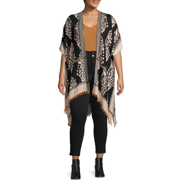Romantic Gypsy Women's Plus Size Printed High-Low Kimono with Pom-Pom Trim | Walmart (US)