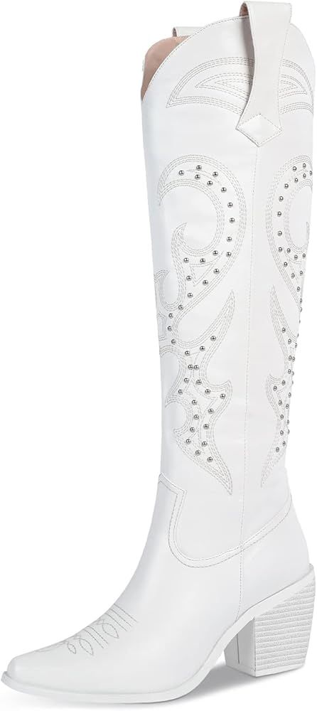 wetkiss Knee High Cowboy Cowgirl Boots for Women, with Unique Embroidery, Side Zipper and Chunky ... | Amazon (US)