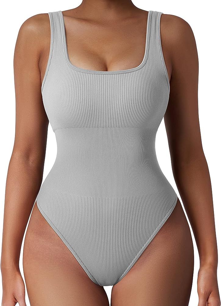 Women Ribbed Sexy Bodysuit Sleeveless Square Neck Padded Tank Top | Amazon (US)