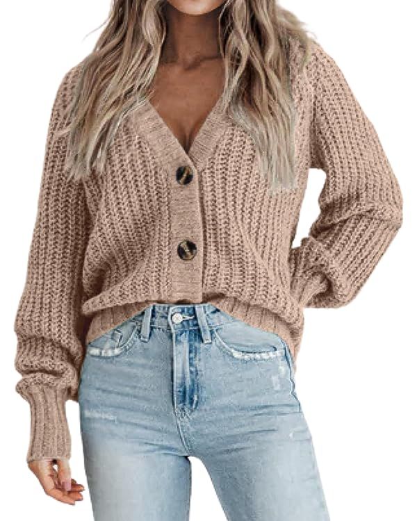 Zeagoo Women's 2024 Fall Chunky Knit Cardigans Open Front Long Sleeve V Neck Button Loose Cardiga... | Amazon (US)