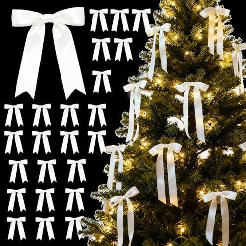 24 Pcs 1" Wide White Christmas Tree Satin Bows 5 * 7 inch, Rustic Bows for Door, Garland, Firepla... | Amazon (US)