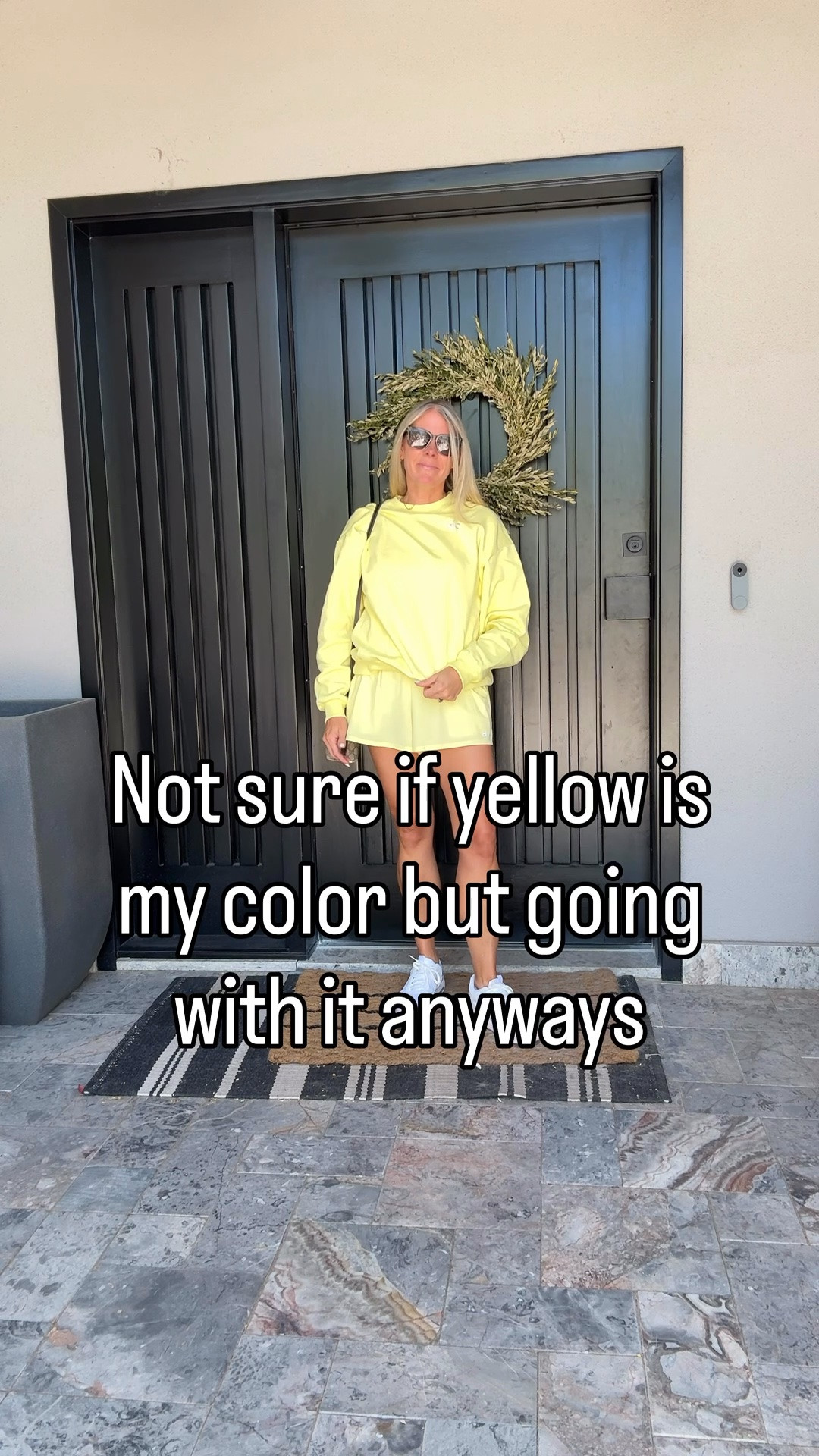 Size XS sweatshirt and small yellow Alo shorts. Sneakers tts

#LTKootd #LTKmomlife #LTKOver40