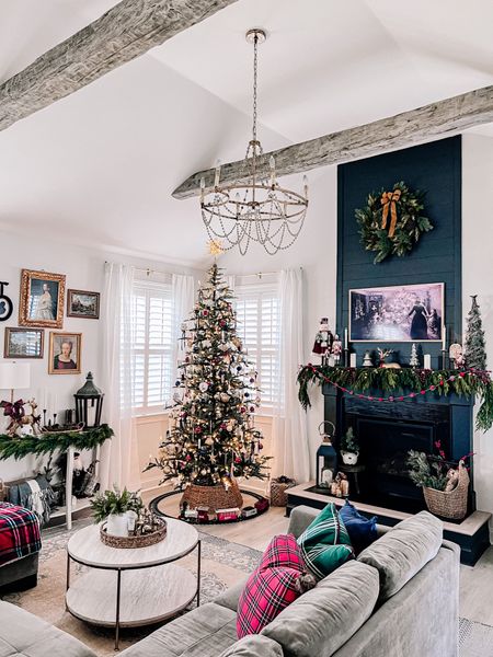 This year’s Christmas living room! 
9ft Christmas tree 
Plaid theme 
Christmas decor 

#LTKHoliday #LTKSeasonal #LTKhome