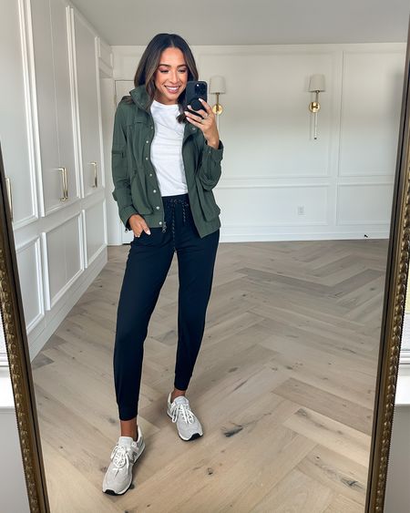 Nordstrom anniversary sale outfit 🖤 wearing a medium in olive athletic jacket (runs small), small in black joggers (tts) and grey sneakers run tts 

#LTKxNSale #LTKstyletip #LTKunder100