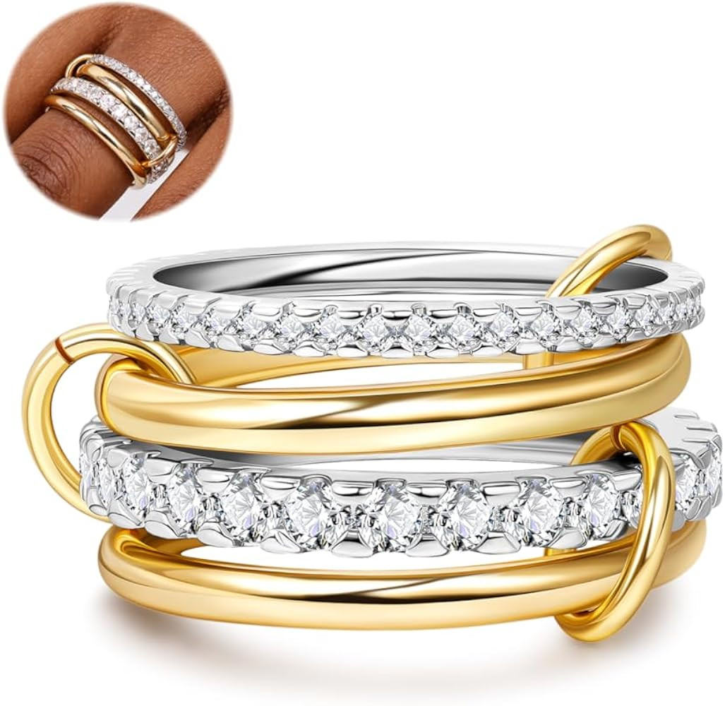 Amazon.com: YOVORO 18K Gold Plated Interlocked Stackable Rings for Women Non Tarnish,Gold and Silver Cubic Zirconia Statement Rings Set,Mixed Metals Ring Two-Toned Connected Bands Stacking Jewelry Size 8: Clothing, Shoes & Jewelry11.99 | Amazon (US)
