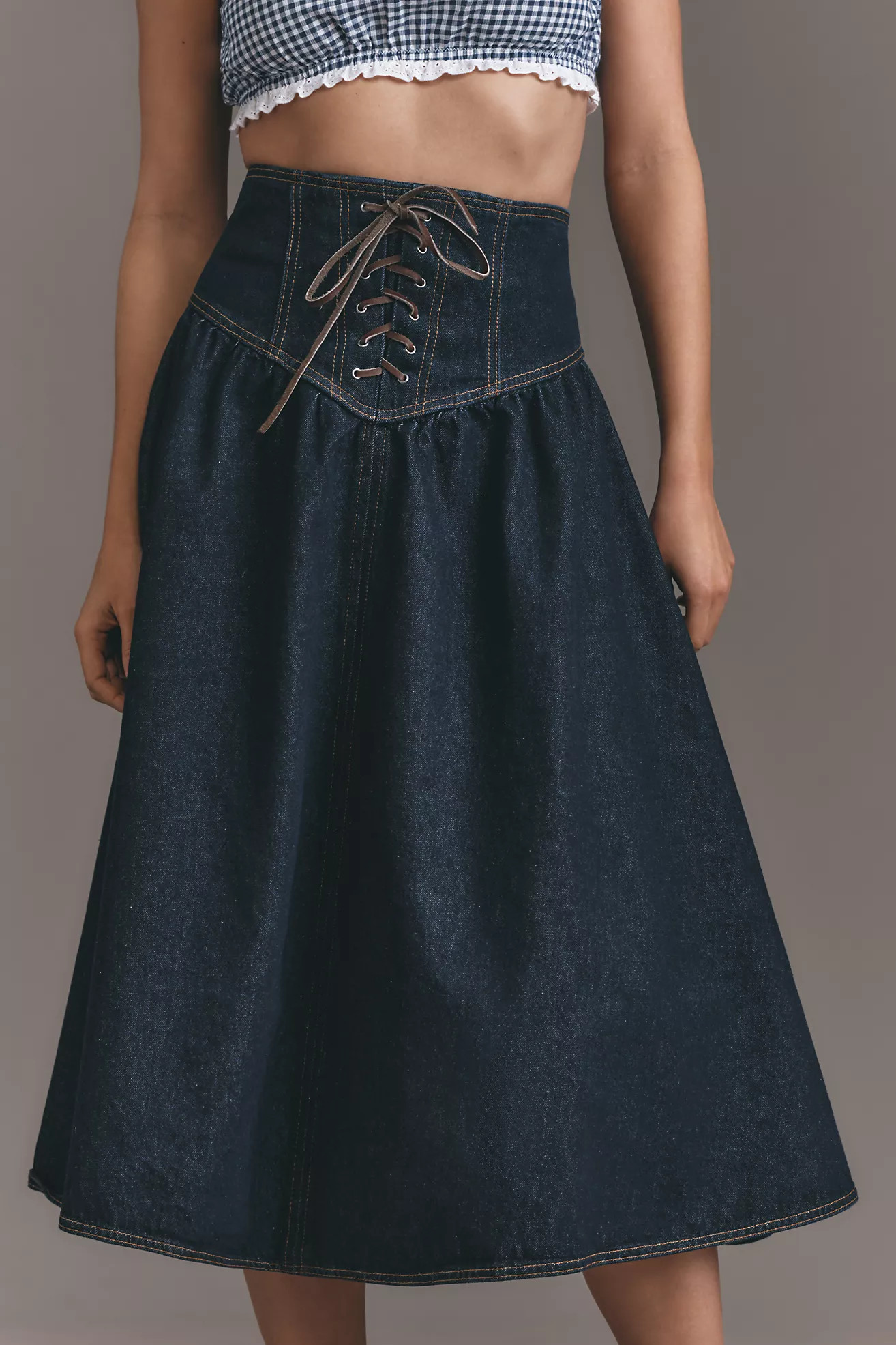 Pilcro Lace-Up Drop-Waist Denim Midi Skirt | Anthropologie (US)