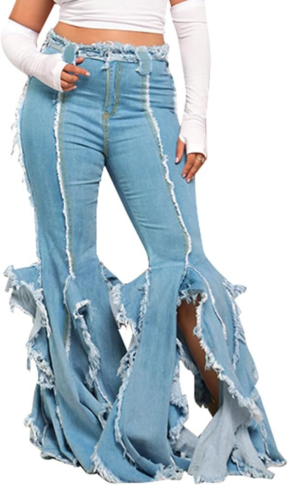 LAJIOJIO Bell Bottom Jeans for Women Distressed Ripped Y2K High Waisted Frayed Slit Tassel Hem ... | Amazon (US)