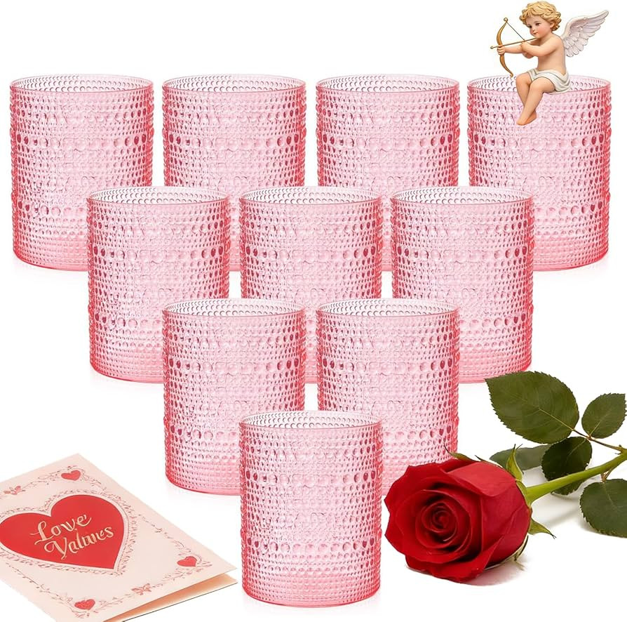 YOUBET 24PCS Plastic Drinking Glasses - 14OZ Pink Hobnail Drinkware Glasses - Vintage Glassware T... | Amazon (US)