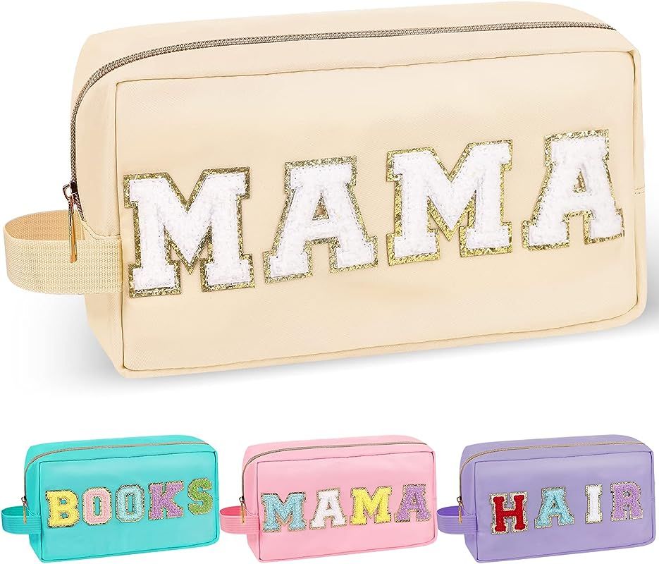 Chenille Letter Makeup Bag Mama Pouch, Nylon Preppy Patch Makeup Bag Small Travel Makeup Zipper Pouc | Amazon (US)