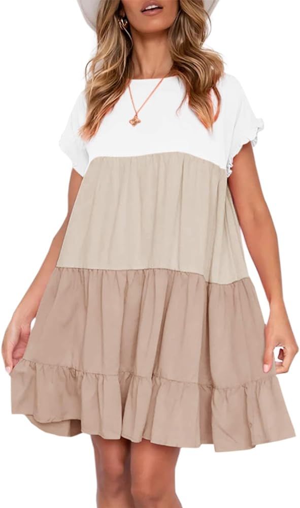 Imysty Womens Boho Floral Printed Babydoll Ruffles Casual Loose Short Mini T-Shirt Dress | Amazon (US)