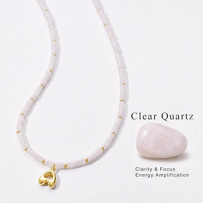 Beaded Initial Necklace for Women, 14K Gilded Plated Bubble Letter Pendant Natural Handmade Stone... | Amazon (US)