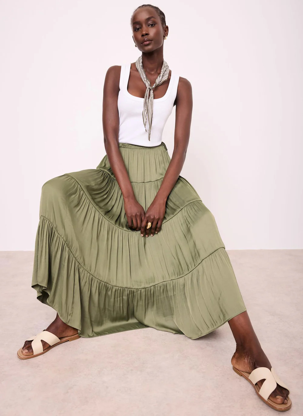 Khaki Satin Tiered Maxi Skirt | Mint Velvet