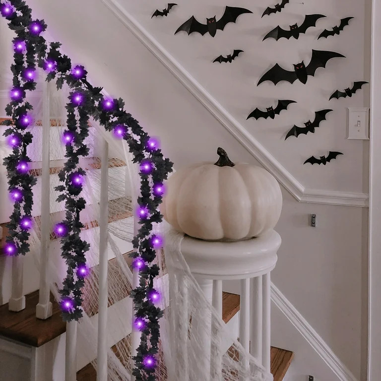 Halloween Garland Black Leaf Hanging Garland with Purple Lights Artificial Maple Leaf Fall Fake G... | Walmart (US)