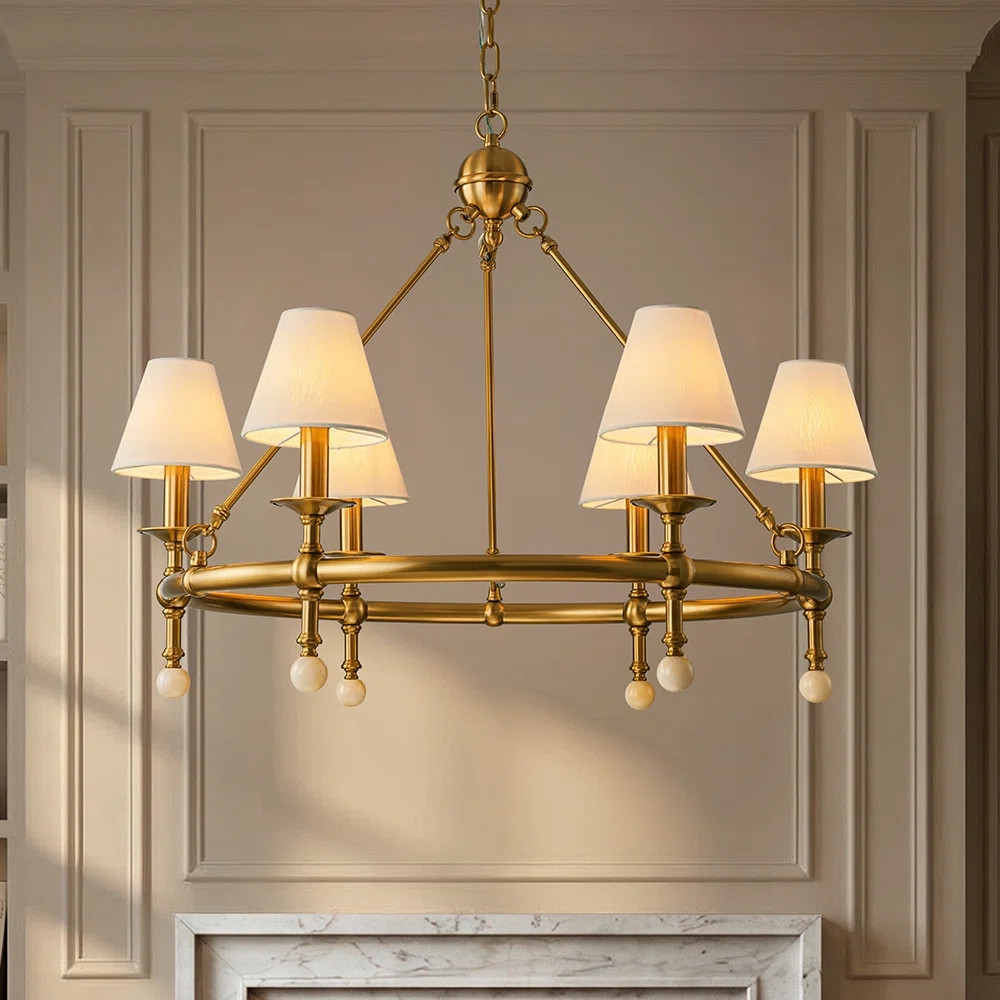 34'' Vintage Brass 6-Light Statement Chandelier Unique Classic Pendant Lighting With White Fabric... | Wayfair North America