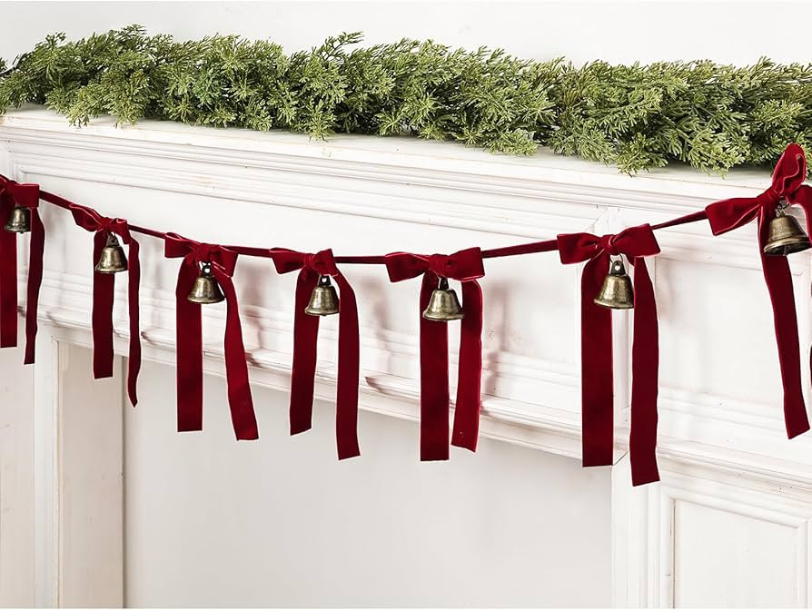 Garland Christmas Decorations Indoor, Vintage Christmas Bell Banner with Red Velvet Ribbons, Retr... | Amazon (US)