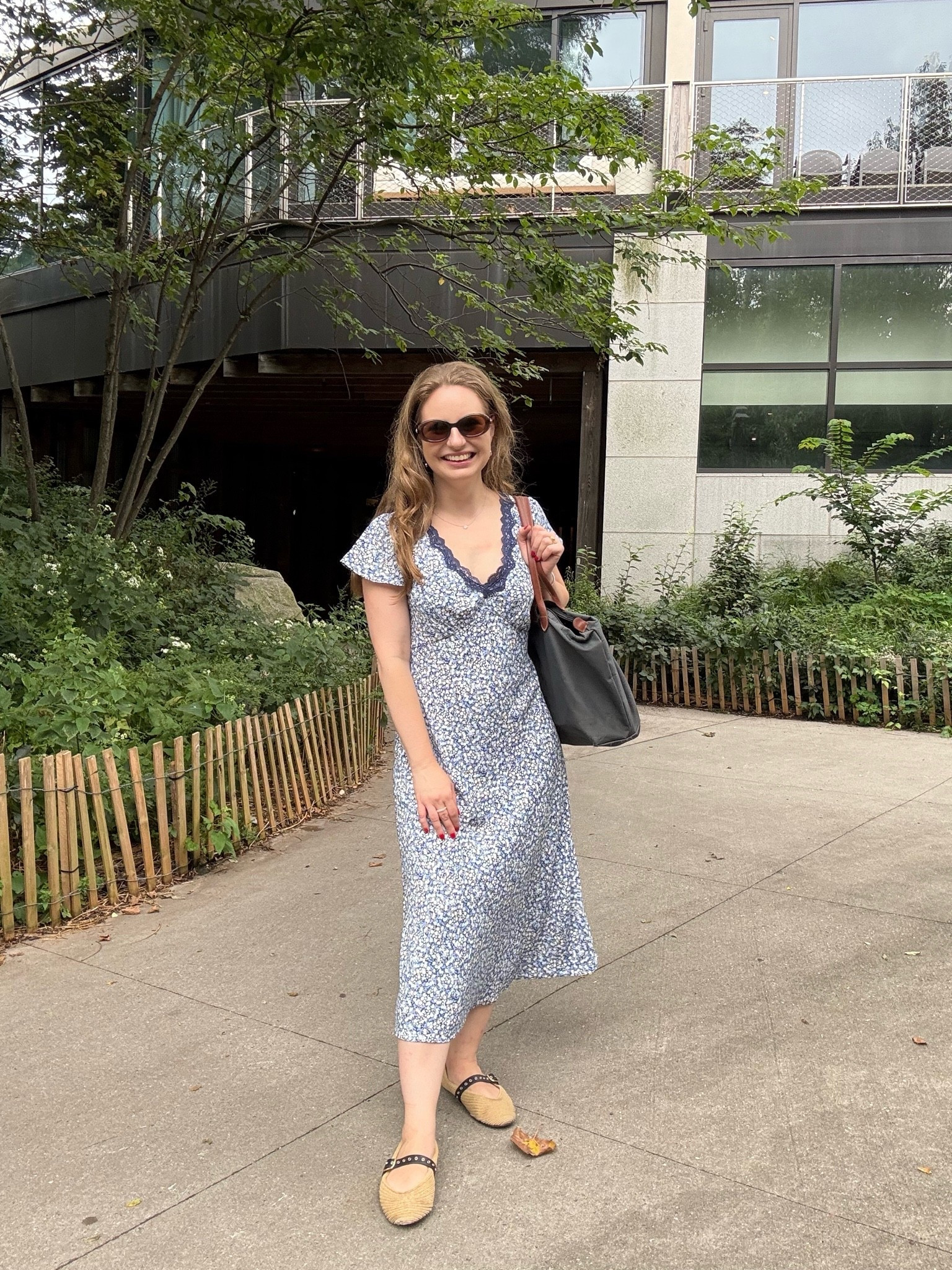 It was hot and humid again in New York City today, so a perfect chance to re-wear my favorite late summer dress. I can’t get over the lace V-neck and cute print, and it’s so cool and breezy. I’m wearing a 2P, but I think I could’ve gotten away with a 0P. ￼