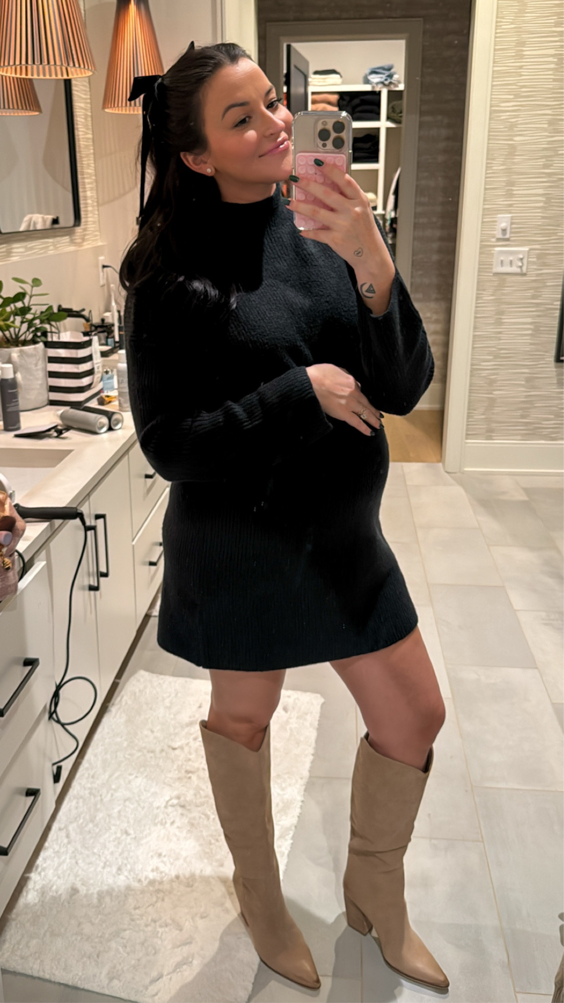 Easy and cute holiday outfit that’s comfortable for a bump 🖤🤰🏻I’m in Medium long  

#LTKHoliday #LTKSeasonal #LTKBump