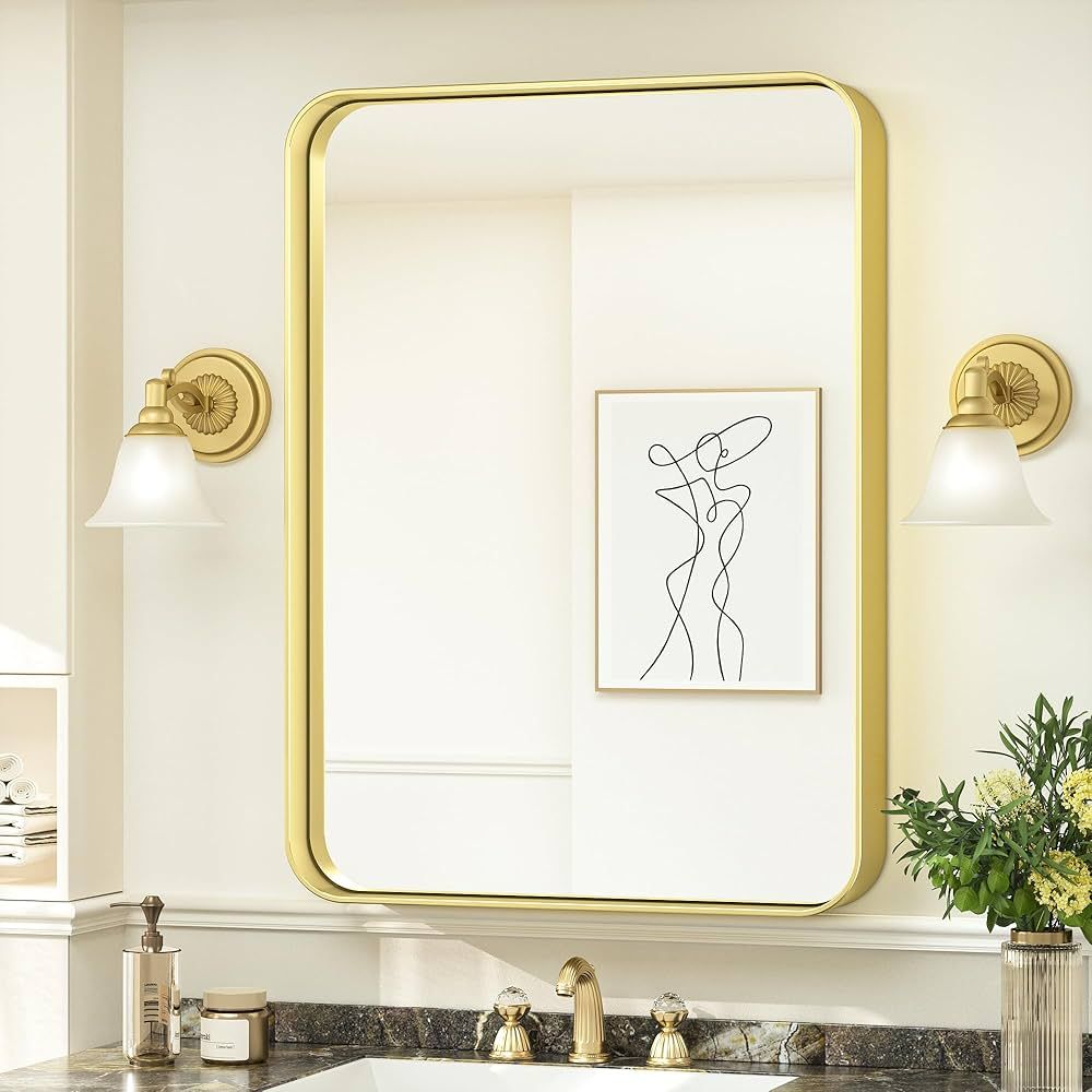 TokeShimi Bathroom Mirror for Wall 24 x 30 Inch Gold Brushed Brass Metal Rounded Corner Rectangle... | Amazon (US)