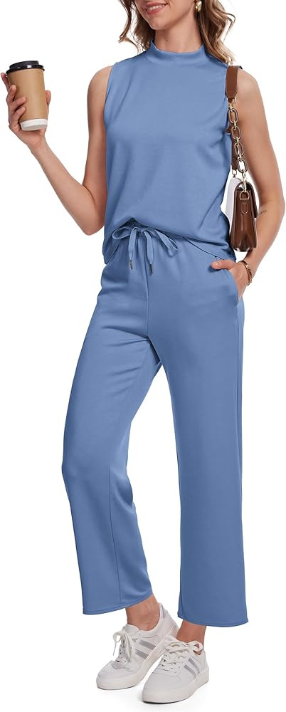 2 Piece Sets for Tall Women Summer Lounge Matching Outfits Mock Neck Tops Wide Leg Crop Pants Vac... | Amazon (US)