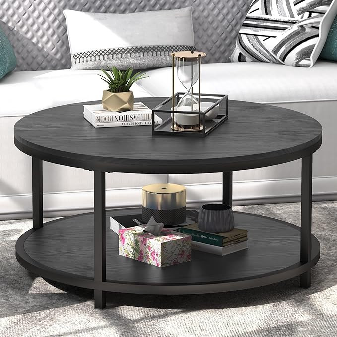 WiberWi Rustic Industrial 35.8" Round Coffee Table with Storage Shelf and Sturdy Metal Legs, Easy... | Amazon (US)