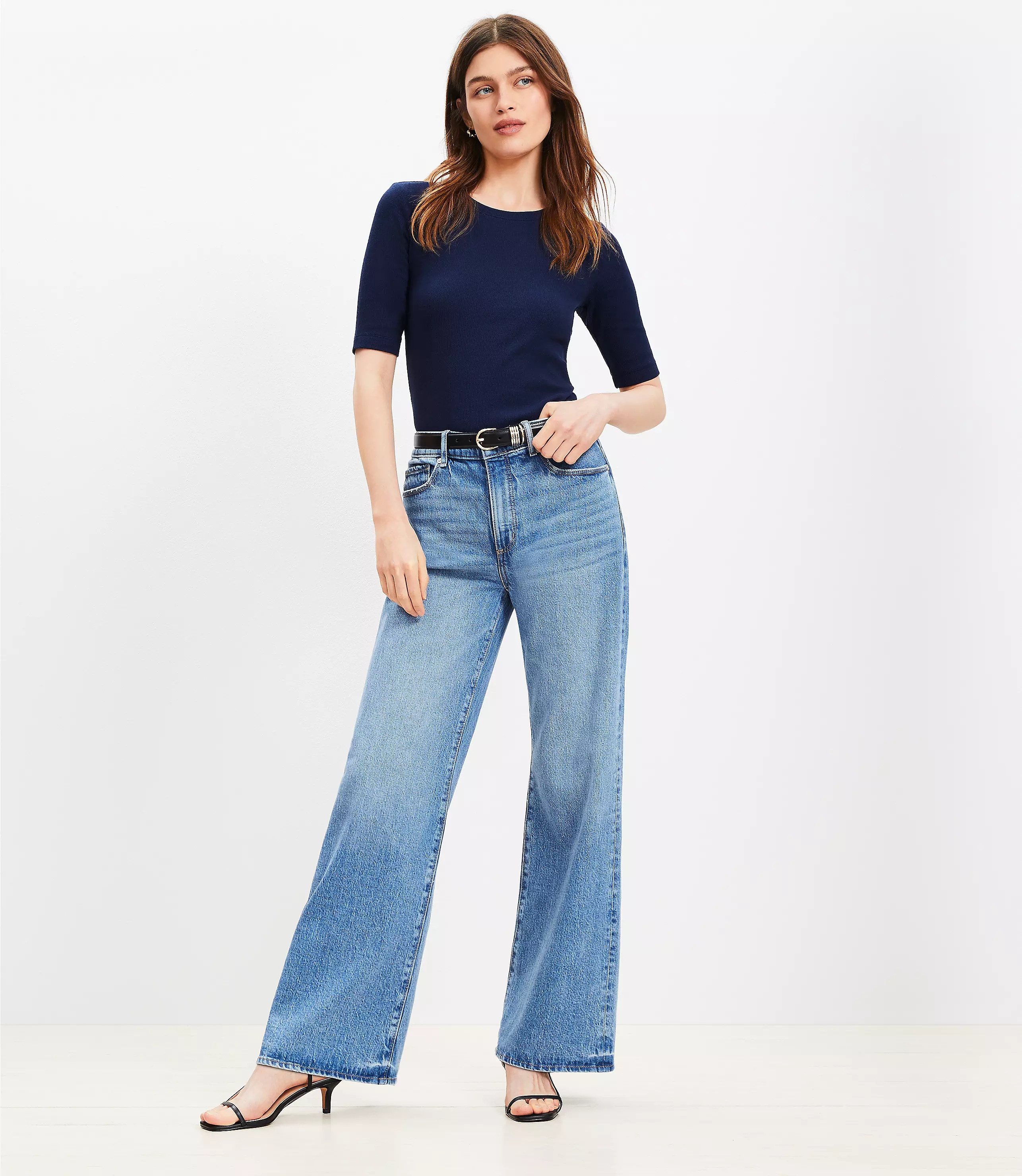 Petite High Rise Wide Leg Jeans in Bright Mid Indigo Wash | LOFT
