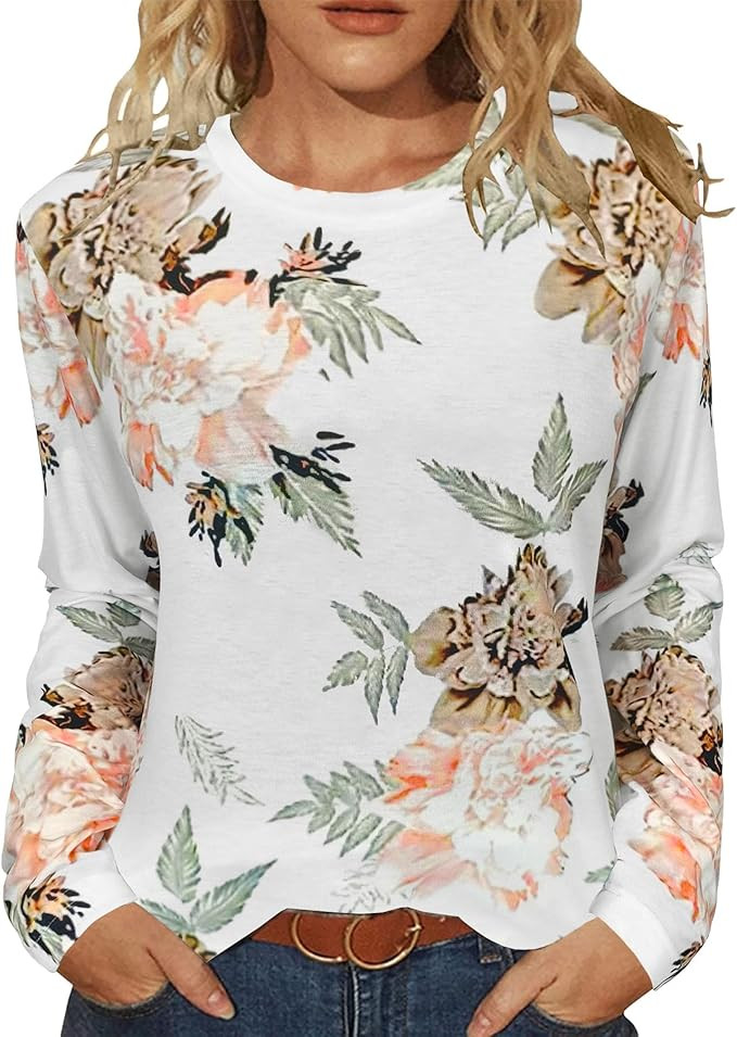 JomeDesign Womens Tops Long Sleeve Shirts Round Neck Loose Casual Blouses Floral Print Tshirts | Amazon (US)