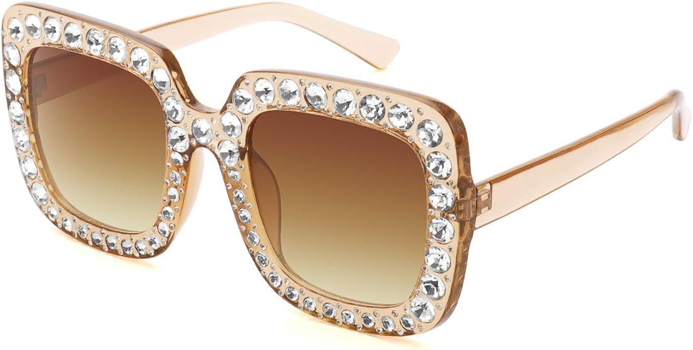 ROYAL GIRL Elton Square Rhinestone Sunglasses Oversized Diamond Bling Bling Glasses | Amazon (US)