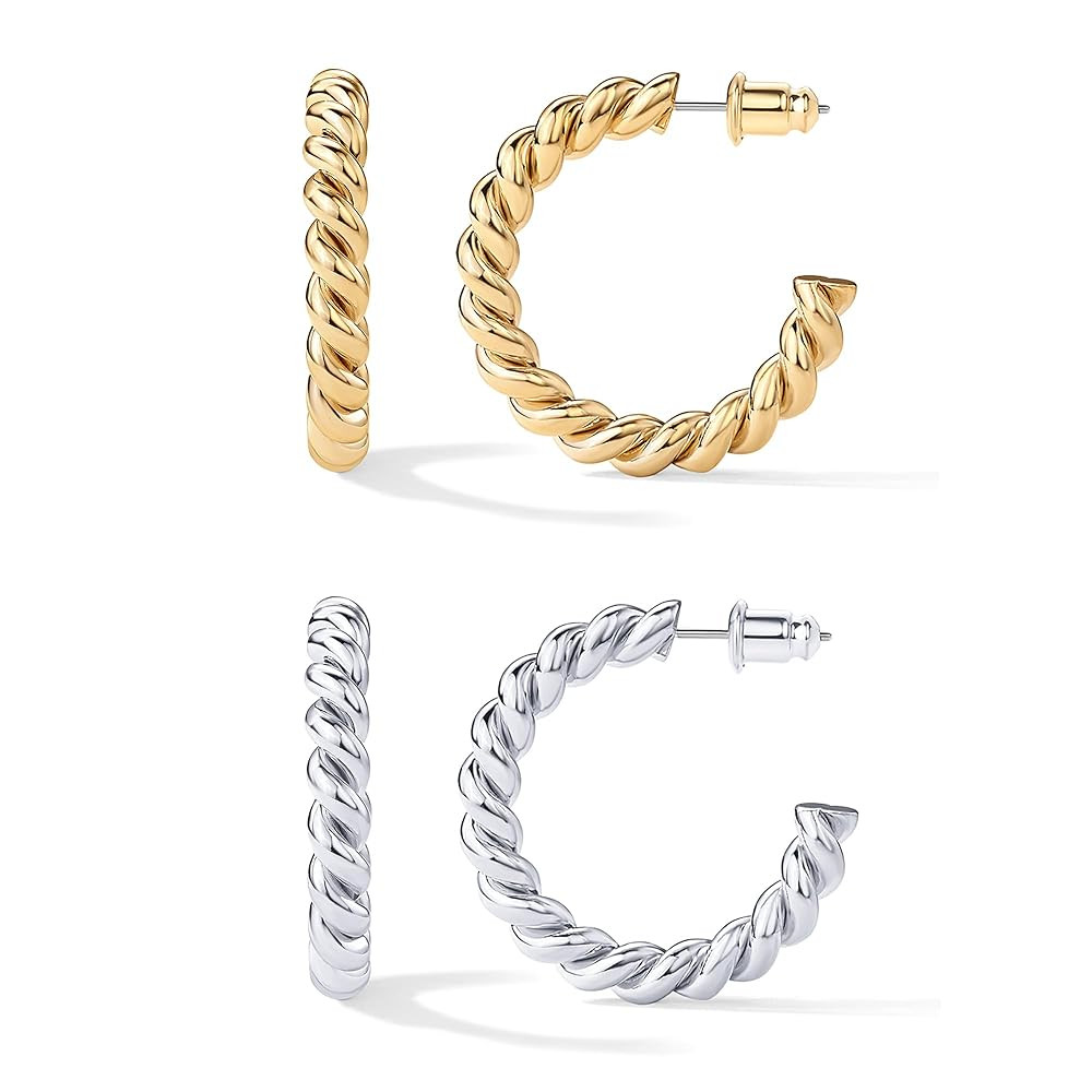 PAVOI 14K Gold Plated Twisted Rope Round Hoop Earrings in Rose, White and Yellow Gold | Amazon (US)