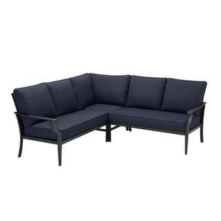 Hampton Bay Braxton Park 3-Piece Black Steel Outdoor Patio Sectional Sofa with CushionGuard Midni... | The Home Depot