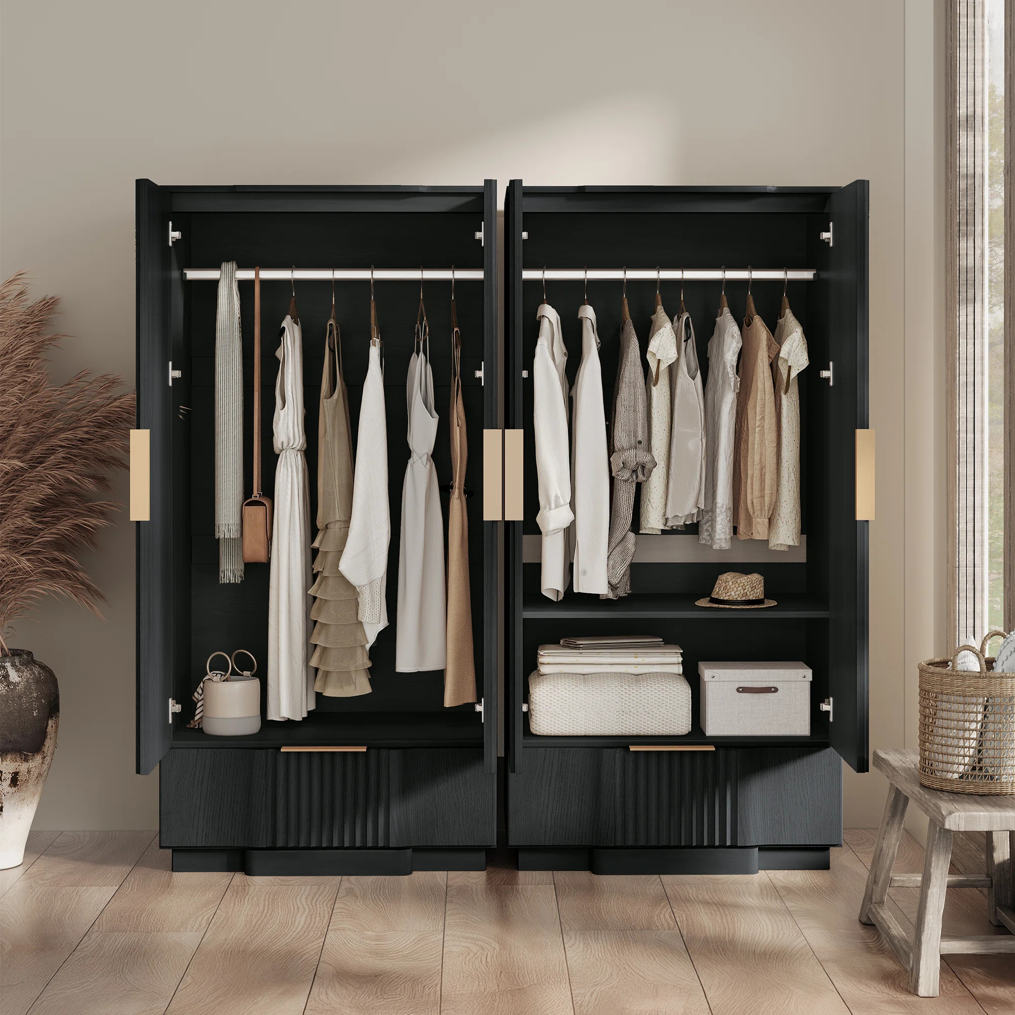 Designer Modern Minimalist Style Fluted Panel Armoire(set Of 2) | Wayfair North America