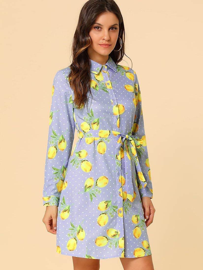 Allegra K Women's Button Down Vintage Polka Dots Dresses Collar Tie Belted Shirt Dress | Amazon (US)