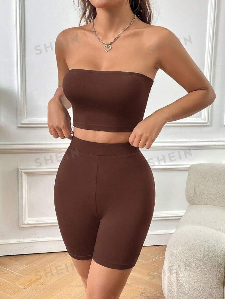 SHEIN EZwear Women Casual Solid Color Knitted Strapless Crop Top And Shorts Set For Summer | SHEIN