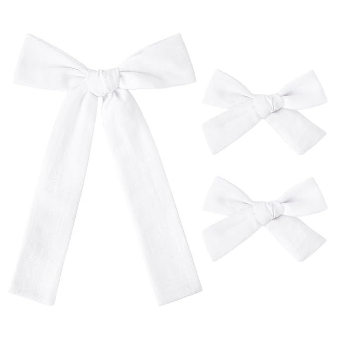 DEEKA White Cotton Linen Hair Bows 2 Sizes 5"&3.5" Soft Hair Bow set for Toddler Girls Long Ponyt... | Amazon (US)