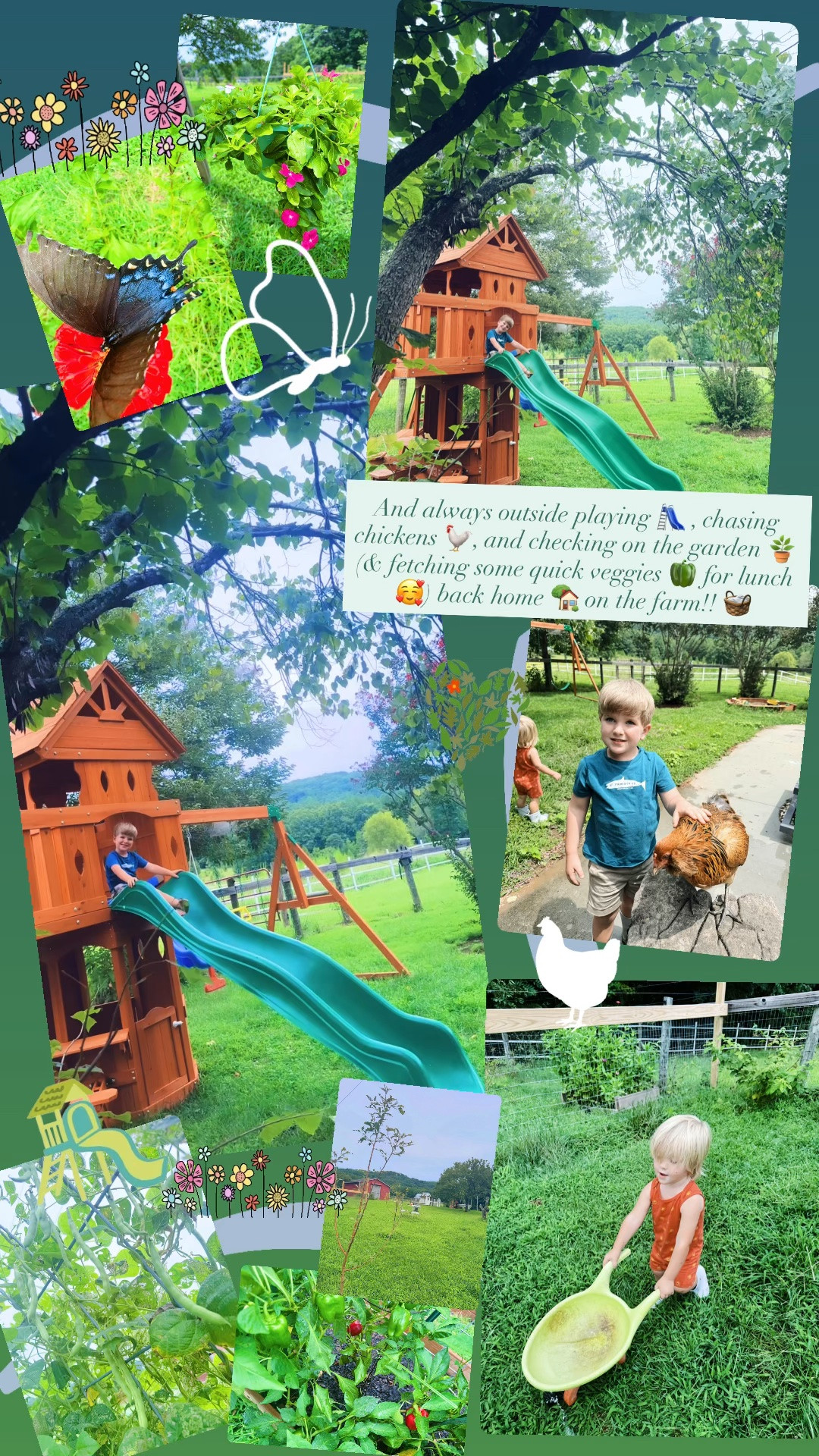 And always outside playing 🛝 , chasing chickens 🐓, and checking on the garden 🪴 (& fetching some quick veggies 🫑 for lunch 🥰) back home 🏡 on the farm!! 🧺