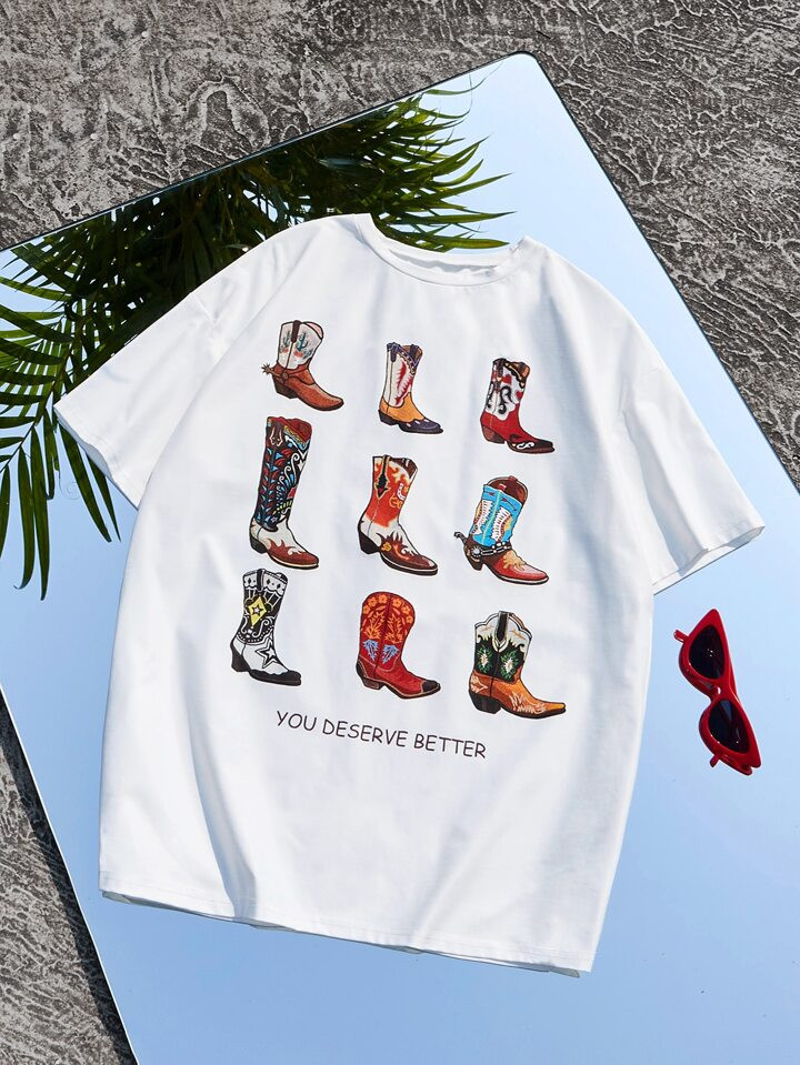 SHEIN EZwear Western Cowgirl Shoes & Slogan Graphic Drop Shoulder Tee | SHEIN