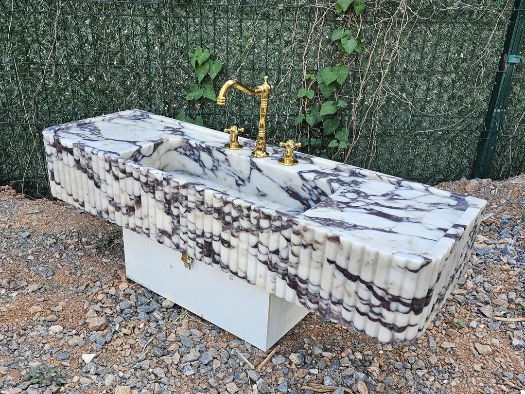 Calacatta Viola Marble Sink | Hand-Carved Ribbed Stone | Vanity or Wall-Mounted Sink | Custom Siz... | Etsy (Global)